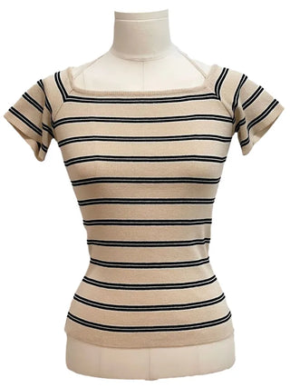 Pure Butter Halter Neck Slim Fit Striped Square Neck Short Sleeve Ribbed Short Sleeve Knit