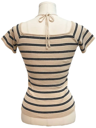 Pure Butter Halter Neck Slim Fit Striped Square Neck Short Sleeve Ribbed Short Sleeve Knit