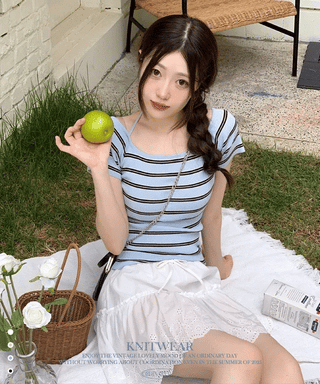 Pure Butter Halter Neck Slim Fit Striped Square Neck Short Sleeve Ribbed Short Sleeve Knit