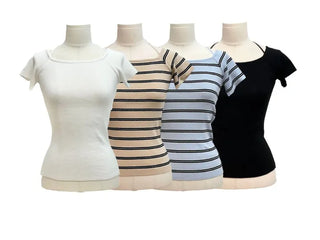Pure Butter Halter Neck Slim Fit Striped Square Neck Short Sleeve Ribbed Short Sleeve Knit