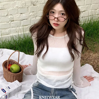 Kukoi see-through side shirring ribbed deep round long sleeve summer knit