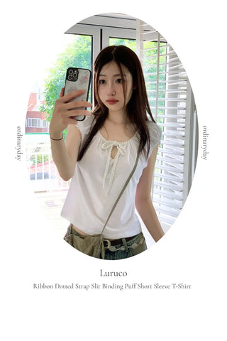 Ruruko Ribbon Dot Strap Team Binding Puff Short Sleeve T-Shirt