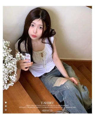 Ruruko Ribbon Dot Strap Team Binding Puff Short Sleeve T-Shirt