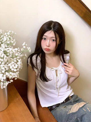 Ruruko Ribbon Dot Strap Team Binding Puff Short Sleeve T-Shirt