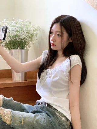 Ruruko Ribbon Dot Strap Team Binding Puff Short Sleeve T-Shirt