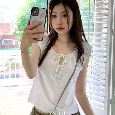 Ruruko Ribbon Dot Strap Team Binding Puff Short Sleeve T-Shirt