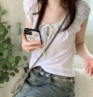 Ruruko Ribbon Dot Strap Team Binding Puff Short Sleeve T-Shirt