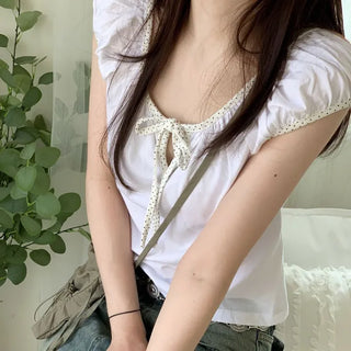 Ruruko Ribbon Dot Strap Team Binding Puff Short Sleeve T-Shirt
