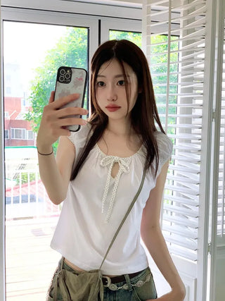 Ruruko Ribbon Dot Strap Team Binding Puff Short Sleeve T-Shirt