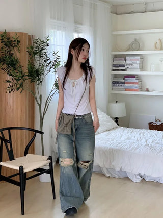 Ruruko Ribbon Dot Strap Team Binding Puff Short Sleeve T-Shirt