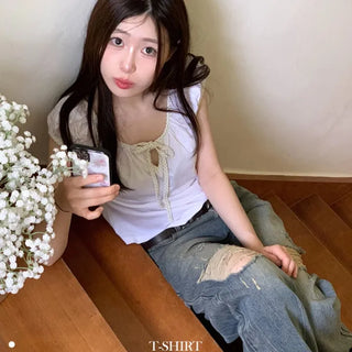 Ruruko Ribbon Dot Strap Team Binding Puff Short Sleeve T-Shirt