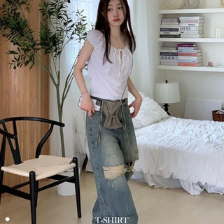 Ruruko Ribbon Dot Strap Team Binding Puff Short Sleeve T-Shirt
