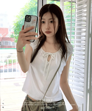 Ruruko Ribbon Dot Strap Team Binding Puff Short Sleeve T-Shirt