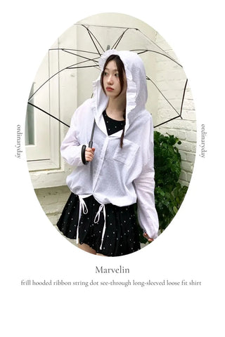 Mabelin frill hooded ribbon string dot embroidery see-through long-sleeve loose-fit southern shirt