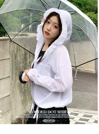Mabelin frill hooded ribbon string dot embroidery see-through long-sleeve loose-fit southern shirt