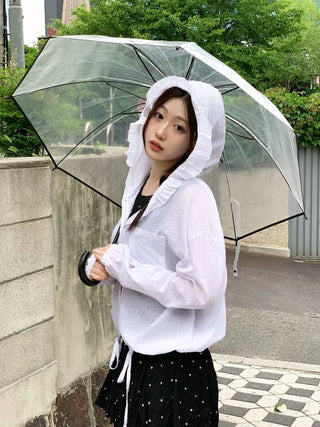 Mabelin frill hooded ribbon string dot embroidery see-through long-sleeve loose-fit southern shirt