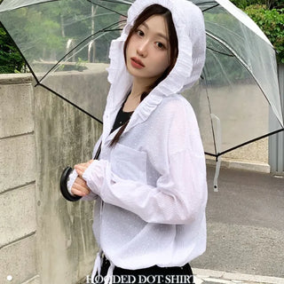 Mabelin frill hooded ribbon string dot embroidery see-through long-sleeve loose-fit southern shirt