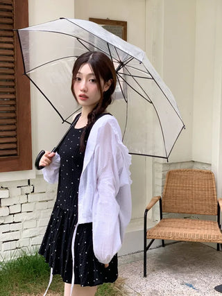 Mabelin frill hooded ribbon string dot embroidery see-through long-sleeve loose-fit southern shirt