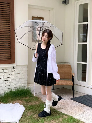 Mabelin frill hooded ribbon string dot embroidery see-through long-sleeve loose-fit southern shirt
