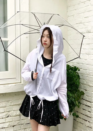 Mabelin frill hooded ribbon string dot embroidery see-through long-sleeve loose-fit southern shirt