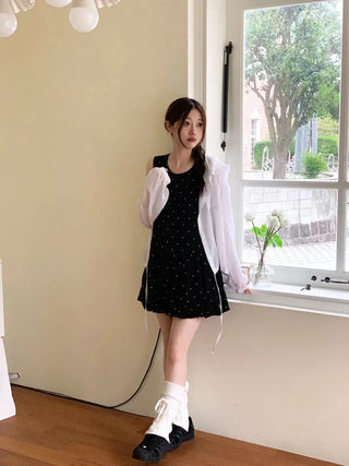 Mabelin frill hooded ribbon string dot embroidery see-through long-sleeve loose-fit southern shirt