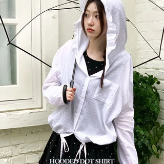 Mabelin frill hooded ribbon string dot embroidery see-through long-sleeve loose-fit southern shirt