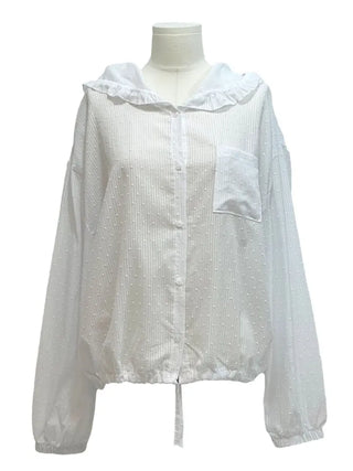 Mabelin frill hooded ribbon string dot embroidery see-through long-sleeve loose-fit southern shirt