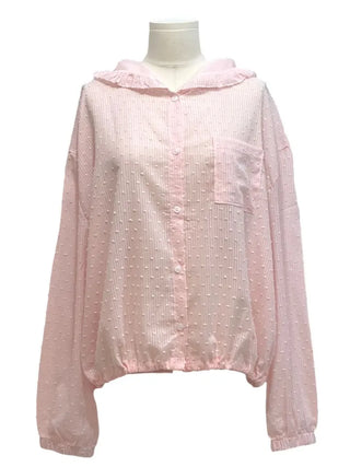 Mabelin frill hooded ribbon string dot embroidery see-through long-sleeve loose-fit southern shirt