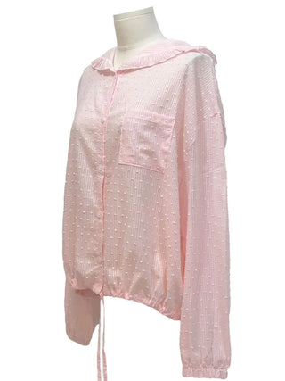 Mabelin frill hooded ribbon string dot embroidery see-through long-sleeve loose-fit southern shirt
