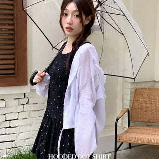 Mabelin frill hooded ribbon string dot embroidery see-through long-sleeve loose-fit southern shirt