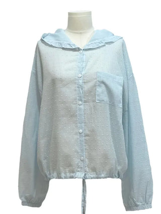 Mabelin frill hooded ribbon string dot embroidery see-through long-sleeve loose-fit southern shirt