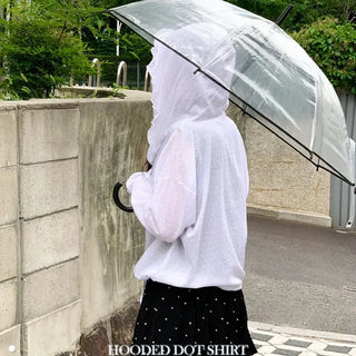 Mabelin frill hooded ribbon string dot embroidery see-through long-sleeve loose-fit southern shirt
