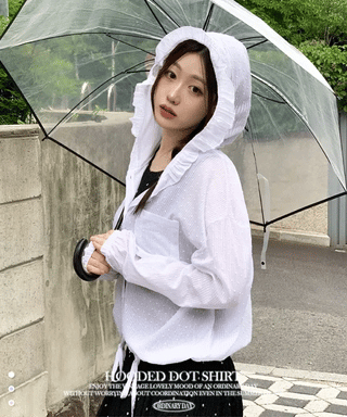 Mabelin frill hooded ribbon string dot embroidery see-through long-sleeve loose-fit southern shirt