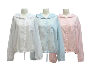 Mabelin frill hooded ribbon string dot embroidery see-through long-sleeve loose-fit southern shirt