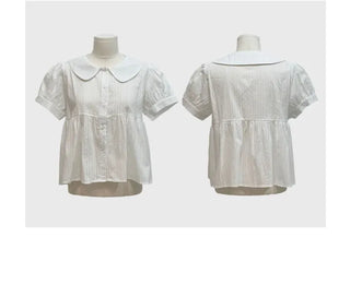 Furlin Check, Loose Fit, Round Collar Neck, Striped Embroidery, Puff Short Sleeve, Button Blouse,