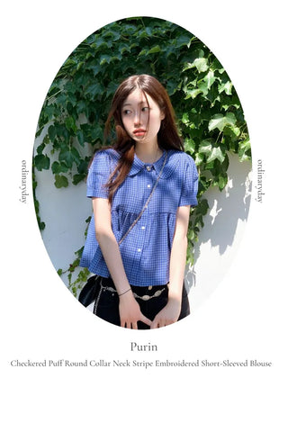Furlin Check, Loose Fit, Round Collar Neck, Striped Embroidery, Puff Short Sleeve, Button Blouse,