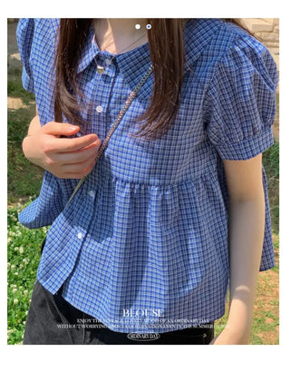 Furlin Check, Loose Fit, Round Collar Neck, Striped Embroidery, Puff Short Sleeve, Button Blouse,