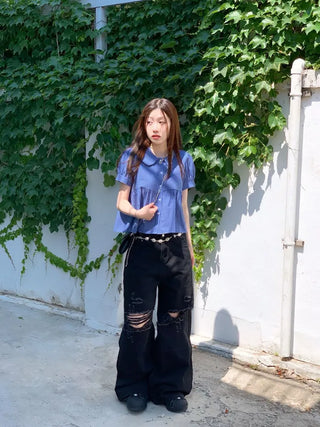Furlin Check, Loose Fit, Round Collar Neck, Striped Embroidery, Puff Short Sleeve, Button Blouse,