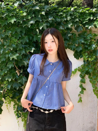 Furlin Check, Loose Fit, Round Collar Neck, Striped Embroidery, Puff Short Sleeve, Button Blouse,