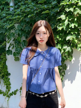 Furlin Check, Loose Fit, Round Collar Neck, Striped Embroidery, Puff Short Sleeve, Button Blouse,