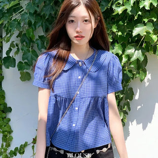 Furlin Check, Loose Fit, Round Collar Neck, Striped Embroidery, Puff Short Sleeve, Button Blouse,