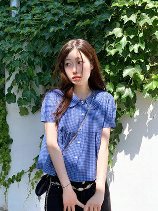 Furlin Check, Loose Fit, Round Collar Neck, Striped Embroidery, Puff Short Sleeve, Button Blouse,