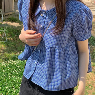 Furlin Check, Loose Fit, Round Collar Neck, Striped Embroidery, Puff Short Sleeve, Button Blouse,