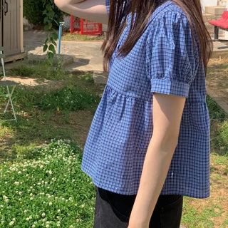Furlin Check, Loose Fit, Round Collar Neck, Striped Embroidery, Puff Short Sleeve, Button Blouse,