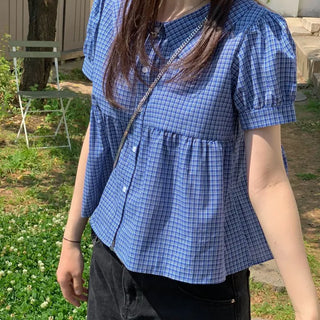 Furlin Check, Loose Fit, Round Collar Neck, Striped Embroidery, Puff Short Sleeve, Button Blouse,