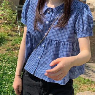 Furlin Check, Loose Fit, Round Collar Neck, Striped Embroidery, Puff Short Sleeve, Button Blouse,