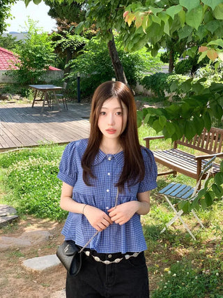 Furlin Check, Loose Fit, Round Collar Neck, Striped Embroidery, Puff Short Sleeve, Button Blouse,