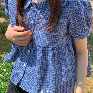 Furlin Check, Loose Fit, Round Collar Neck, Striped Embroidery, Puff Short Sleeve, Button Blouse,
