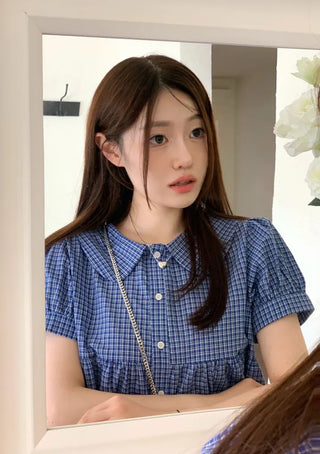 Furlin Check, Loose Fit, Round Collar Neck, Striped Embroidery, Puff Short Sleeve, Button Blouse,