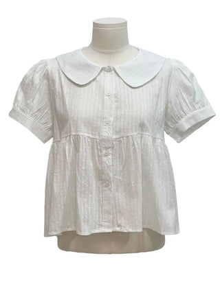 Furlin Check, Loose Fit, Round Collar Neck, Striped Embroidery, Puff Short Sleeve, Button Blouse,